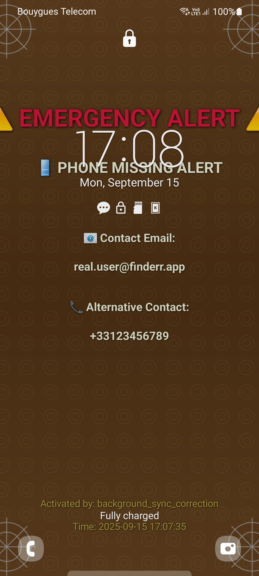 FINDERR Emergency Screen - Contact info displayed on lockscreen