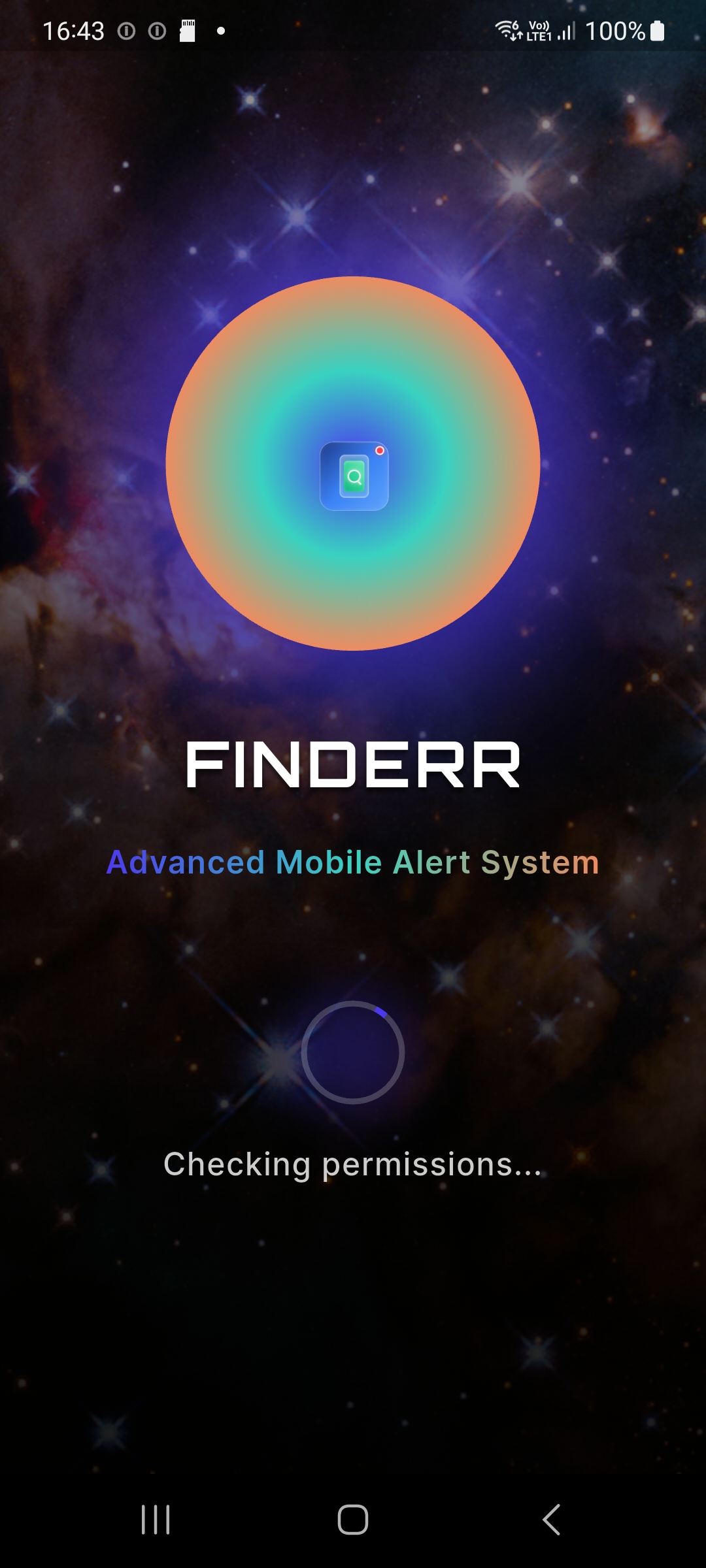 Écran de démarrage FINDERR - Interface nébuleuse cosmique